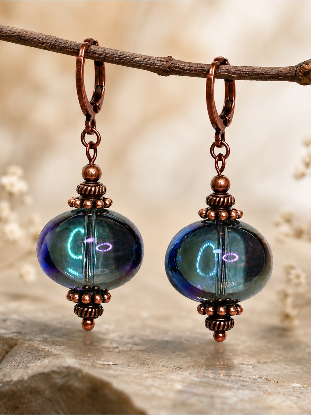 AB Glass Copper Dangle Earrings, Aurora Borealis Artisan Boho Handmade
